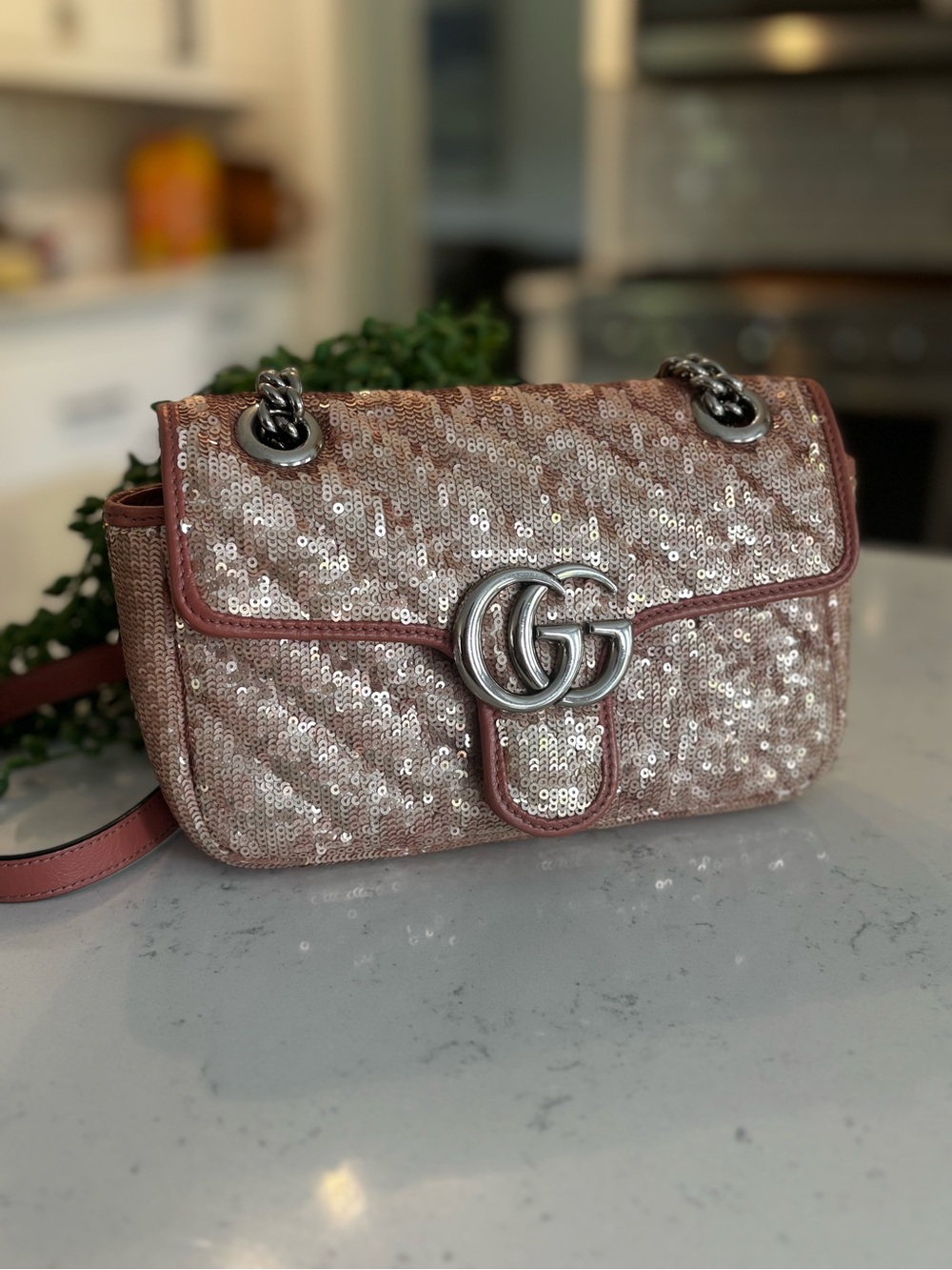 Gucci Pink Sequin marmont Bag with Double G Logo in silver hardware